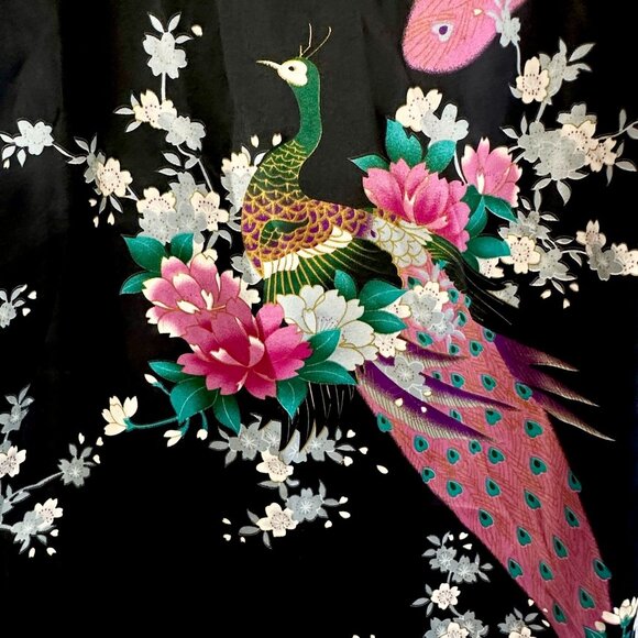 Womens Black Satin Kimono Robe Peacock and Blossoms Nightgown Sleepwear O/S - Picture 7 of 9
